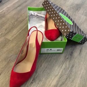 Red Slingback pumps.